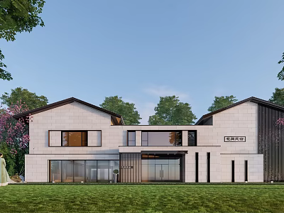 Modern Homestay Building Exterior With Stone Walls Lawn And Large Windows 3d model
