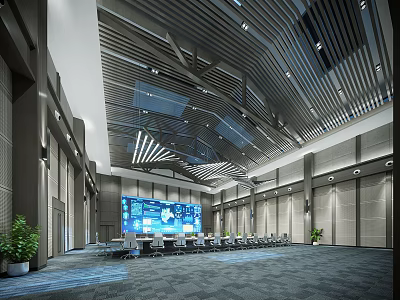 Modern Monitoring Room Interior Design With Large Display Screen Conference Tables And Chairs 3d model