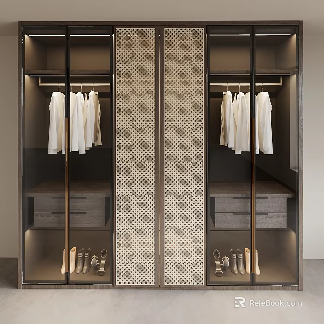 Elegant Modern Closet Interior With Hanging White Garments Drawers And Perforated Partition 3d model 