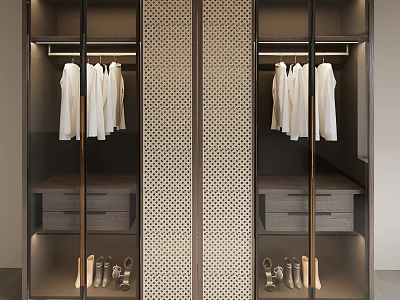 Elegant Modern Closet Interior With Hanging White Garments Drawers And Perforated Partition 3d model