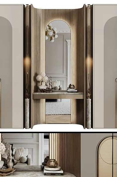 Elegant Modern Wardrobe Design With Double Doors Gold Accents Mirror And Decorative Vase 3d model
