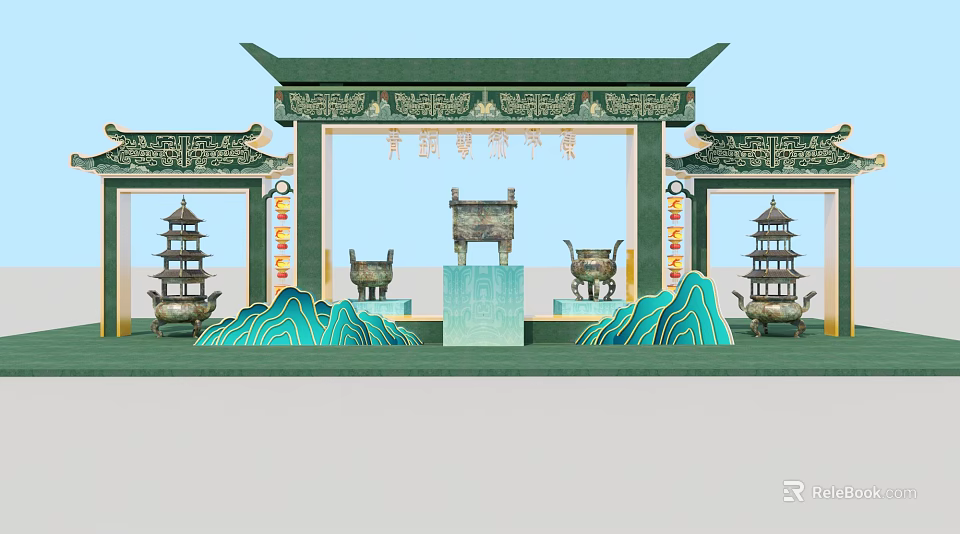Traditional Chinese Cultural Exhibition Scene With Green Glaze Artifacts Pagodas And Archway 3d model 