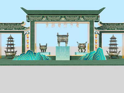Traditional Chinese Cultural Exhibition Scene With Green Glaze Artifacts Pagodas And Archway 3d model