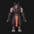 Horned Muscular Game Movie Character in Red Black Outfit with Ornamental Belt