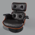 Classic Black Leather Single Chair With Wooden Arms And Round Base Tufted Design