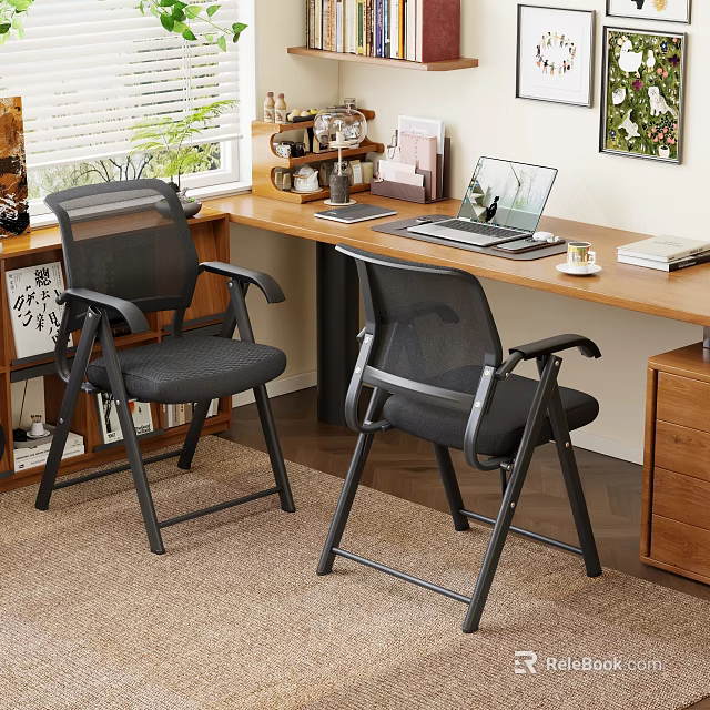 Modern Study Room Interior With Wooden Desk Black Folding Mesh Backrest Chairs And Laptop 3d model 