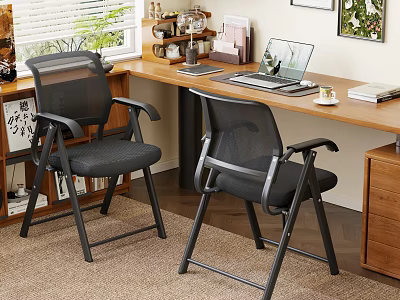 Modern Study Room Interior With Wooden Desk Black Folding Mesh Backrest Chairs And Laptop 3d model