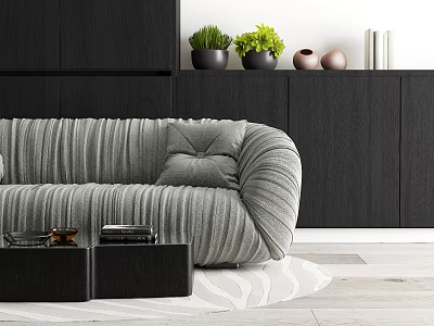 Gray Pleated Sectional Sofa With Black Coffee Tables Green Plants And Dark Wood Cabinets 3d model