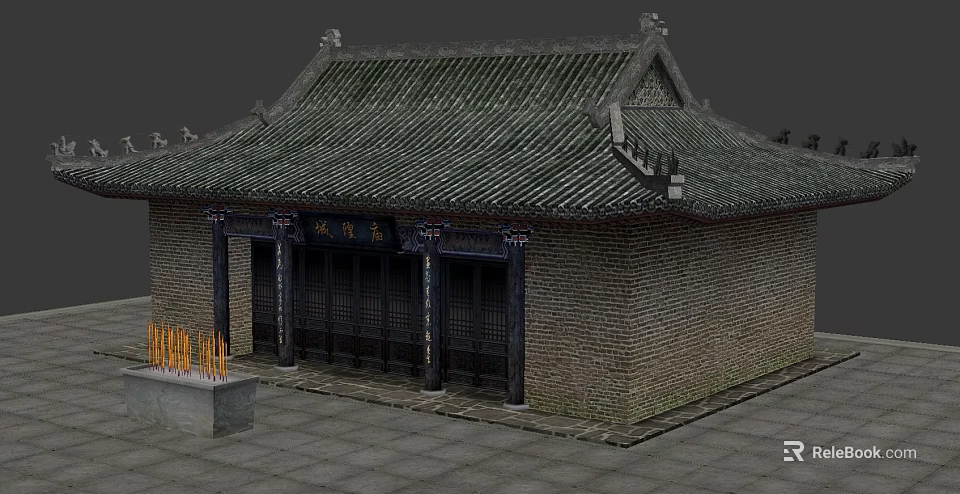 Traditional Ancient Chinese Building With Grey Tile Roof Ornate Eaves And Brick Walls 3d model 