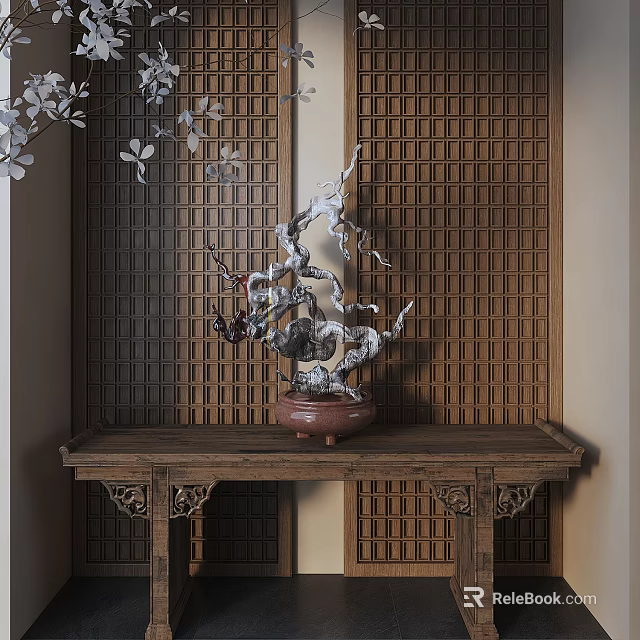 Chinese Style Ceramic Vase With Artistic Flowers On Carved Wooden Table Against Lattice Wall 3d model 