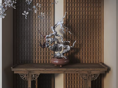Chinese Style Ceramic Vase With Artistic Flowers On Carved Wooden Table Against Lattice Wall 3d model