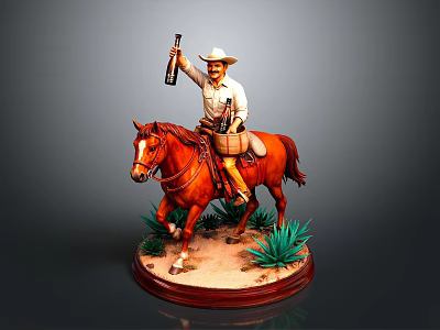 Cowboy Figurine on Horseback Holding Bottle Saddle With Wine Barrel And Green Plants 3d model