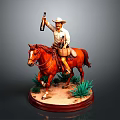 Cowboy Figurine on Horseback Holding Bottle Saddle With Wine Barrel And Green Plants