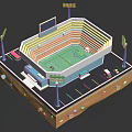 Modern Football Stadium Architecture with Green Field Tiered Stands Light Poles and Parking Lot