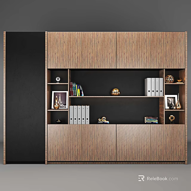 Contemporary Wooden Bookcase With Shelves Books Photo Frames File Folders And Decor Items 3d model 