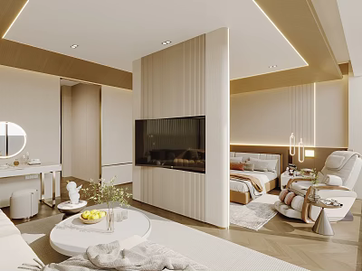 Elegant Modern Hotel Room Interior with Sofa Bed TV Coffee Table Plants and Lighting 3d model