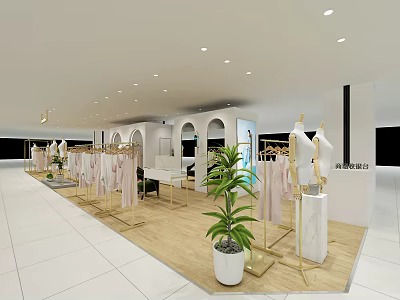 Spacious Modern Clothing Store Interior With Gold Racks White Mannequins And Green Plants 3d model