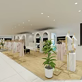 Spacious Modern Clothing Store Interior With Gold Racks White Mannequins And Green Plants