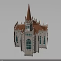 Gothic Style Cathedral Building With Red Spire And Stained Glass Windows