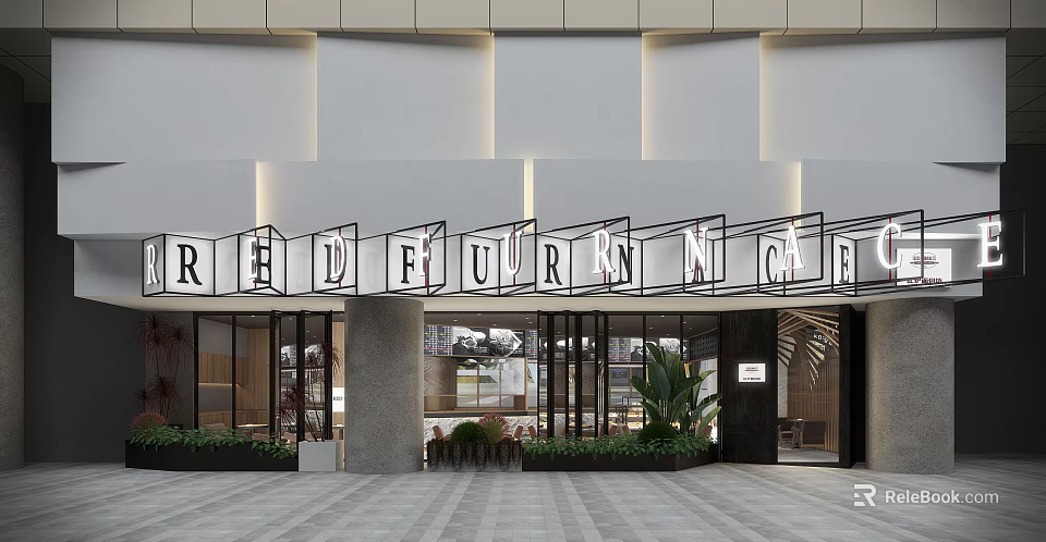 Redfurn Dessert Shop Modern Exterior With Glass Doors Green Plants And Interior Seating 3d model 