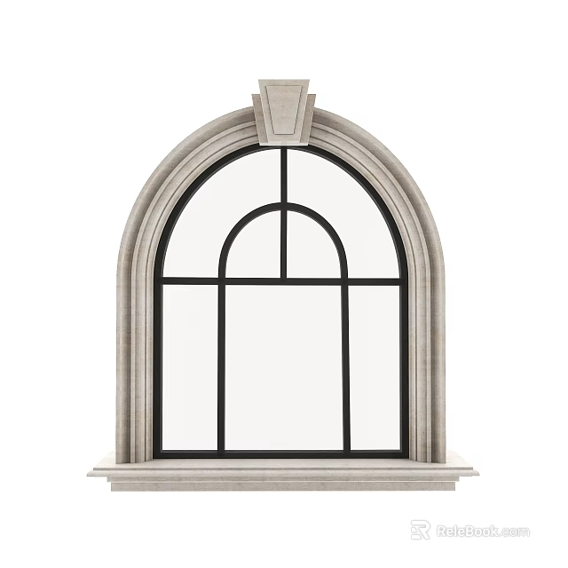 Arched Window With Stone Frame And Black Muntins For Classic Architectural Design 3d model 