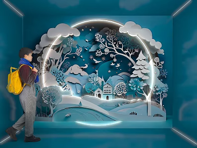 Person With Yellow Backpack Viewing Circular Paper Art With Trees House Birds And Illuminated Outline 3d model