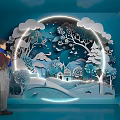 Person With Yellow Backpack Viewing Circular Paper Art With Trees House Birds And Illuminated Outline
