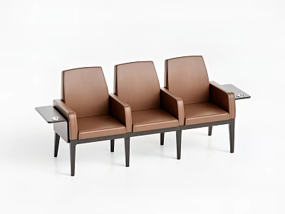 Modern Three Connected Brown Public Chairs With Armrests Small Tables And Black Legs 3d model