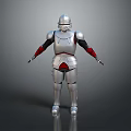 Futuristic Game Movie Character In Metallic Silver Armor With Vibrant Red Details And Standing Pose