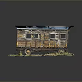 Old Wooden Carriage Model With Blue Brown Roof Decorative Wheels And Ground Details