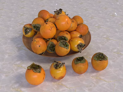 Ripe Orange Persimmons in Wooden Plate and Scattered on Marble Countertop 3d model
