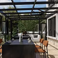 Modern Patio Garden With Glass Enclosed Pergola White Building Large Windows Lawn And Outdoor Furniture
