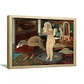 Vintage Interior Scene With People Sitting Around Wooden Table And Antique Lamp