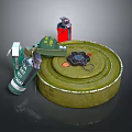 3D Rendered Weapons Featuring Green Circular Mine Safety Grenade Red Spray Can And Black Fuse