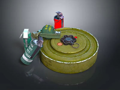 3D Rendered Weapons Featuring Green Circular Mine Safety Grenade Red Spray Can And Black Fuse 3d model