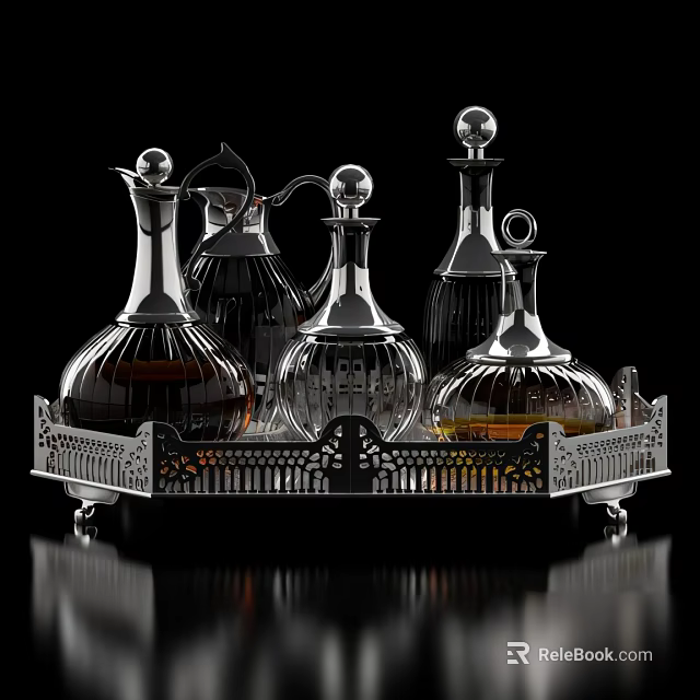 Stylish Silver Glass Cups With Colored Liquids On Ornate Metal Tray Black Background 3d model 