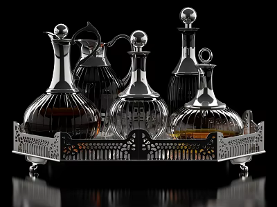 Stylish Silver Glass Cups With Colored Liquids On Ornate Metal Tray Black Background 3d model
