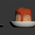 Delicious Pudding Dessert in White Bowl with Red Drizzling Sauce Green Parsley and Wooden Spoon