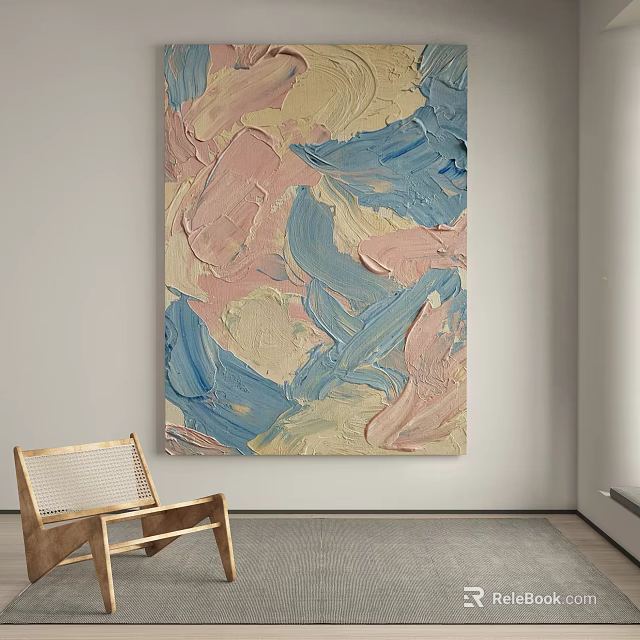 Abstract Wall Art With Pink Blue Beige Strokes And Wooden Chair In Minimal Room 3d model 