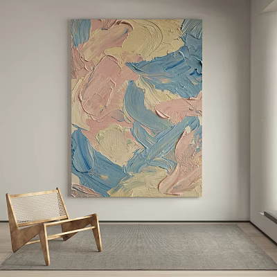 Abstract Wall Art With Pink Blue Beige Strokes And Wooden Chair In Minimal Room 3d model
