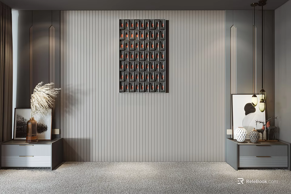 Modern Bedside Table Interior With Drawers And Decorative Wall Art 3d model