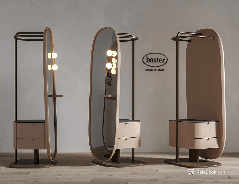 Elegant Modern Floor Mirror With Metal Frame And Small Drawer Storage Design 3d model