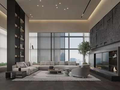 Modern Open Concept Living and Dining Room Interior With Large Windows Gray Sofa And Fireplace 3d model