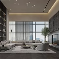 Modern Open Concept Living and Dining Room Interior With Large Windows Gray Sofa And Fireplace