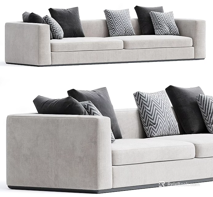 Modern Two Seater Sofa with Light Gray Fabric and Black Geometric Patterned Pillows 3d model 