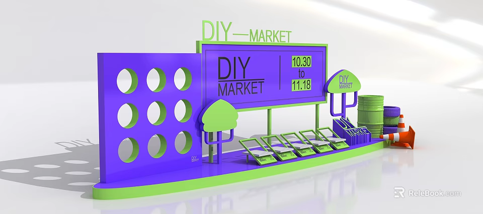 DIY Market Photo Spot With Vibrant Purple Structure Circular Holes And Green Tree Decor 3d model 