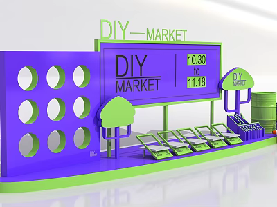 DIY Market Photo Spot With Vibrant Purple Structure Circular Holes And Green Tree Decor 3d model