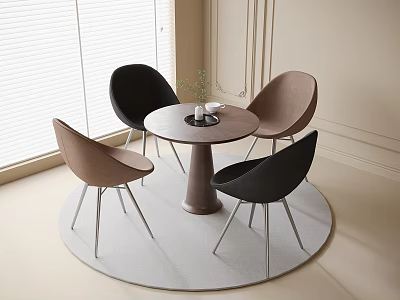 Modern Round Table With Four Chairs Set Black Brown Seats Metal Legs On Rug 3d model