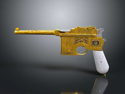Detailed Handcrafted Golden Pistol With Ornate Engravings And White Ivory Grip 3d model