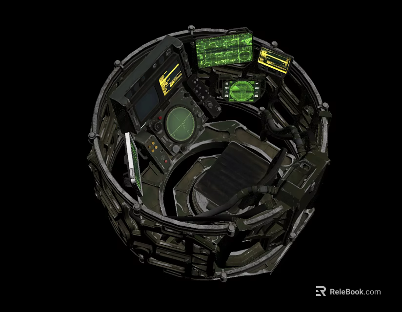 Character Operating Futuristic Circular Tech Console With Green Screens And Controls 3d model